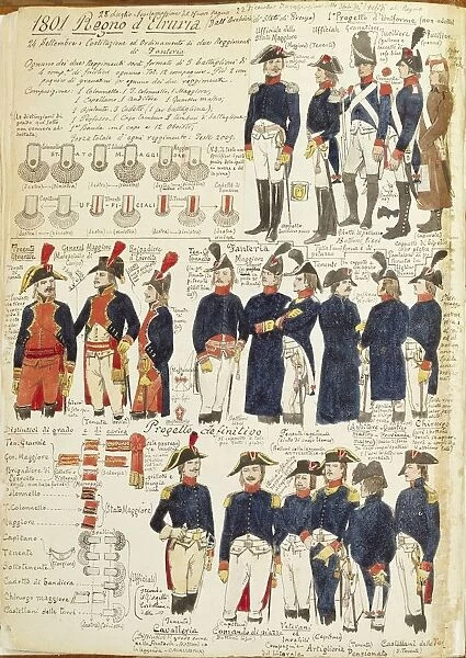 Military uniforms of the Kingdom of Etruria from 1801. Color plate by Cenni Quinto