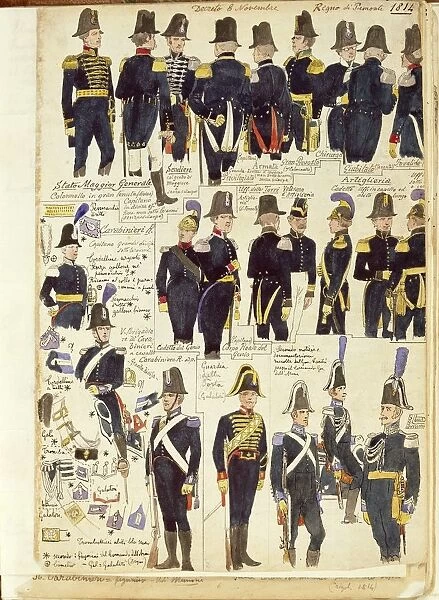 Uniforms of the Piedmontese army from 1814. Color plate by Cenni Quinto