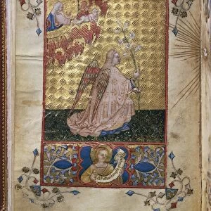 Italy, Annunciation: the Angel with a lily, miniature by Giovanni di Benedetto da Como, from Officium Beatae Mariae Virginis by Alberto de Porcelis, 1383