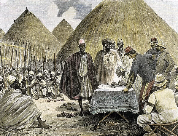 Africa. French colonialism. Signing a treaty with the chief