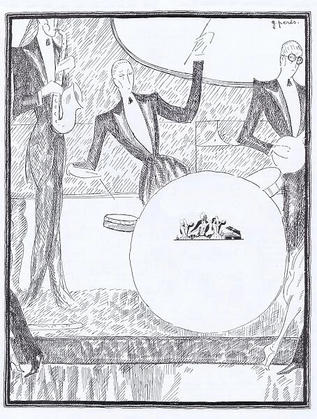 An art deco sketch by Peres of a Jazz Band, 1923