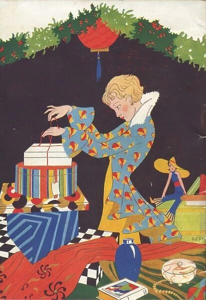 Art deco style illustration showing a lady wrapping a variety of colourful Christmas