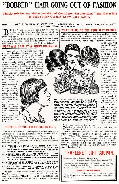 Bobbed hair going out of fashion, 1919 Harlene advert