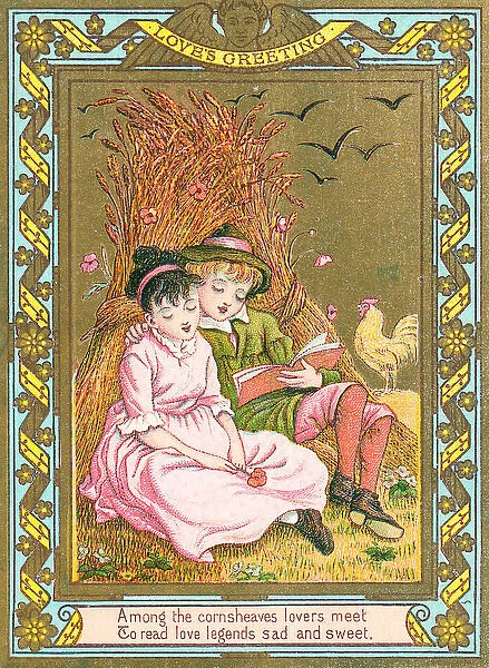 Boy and girl with corn sheaves on a romantic greetings card