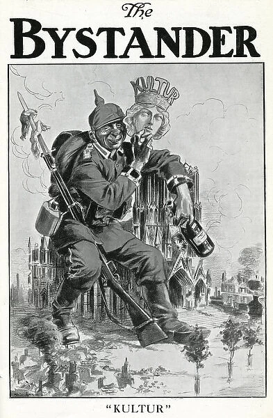 Cartoon, German soldier with mask of Culture, WW1