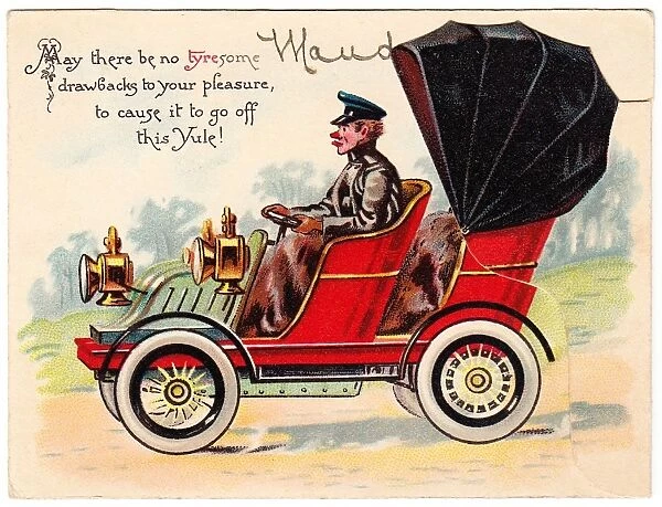 Chauffeur driving red car on a Christmas card