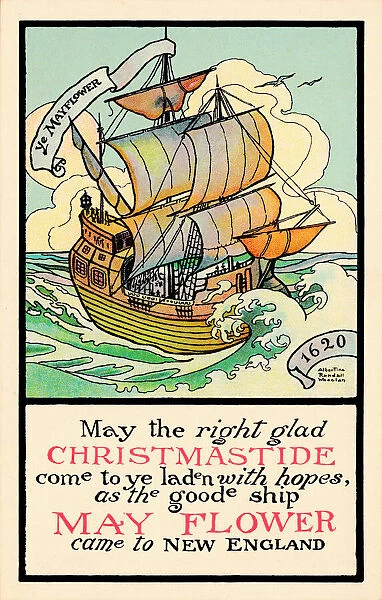Christmas postcard image of The Mayflower under full sail crossing the Atlantic in 1620