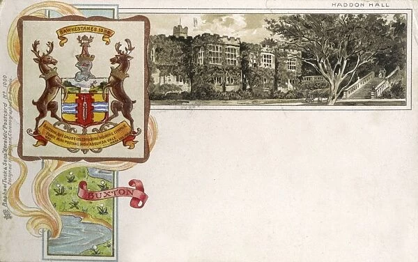 The Coat of Arms of Buxton and view of Haddon Hall
