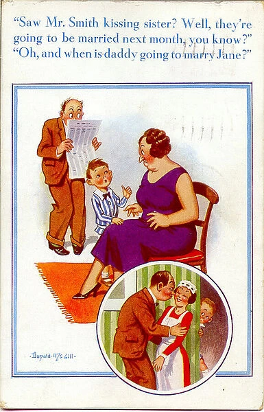 Comic postcard, Boy sees father kissing the servant