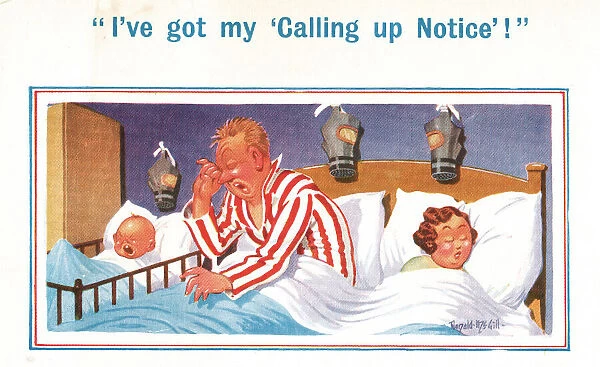 Comic postcard, Couple and baby in bed with gas masks, WW2 - calling up notice Date