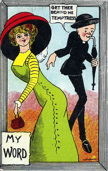 Comic Postcard - feeble Vicar not tempted by a pretty girl
