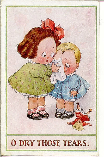 Comic postcard, Girl comforts crying boy Date: 20th century