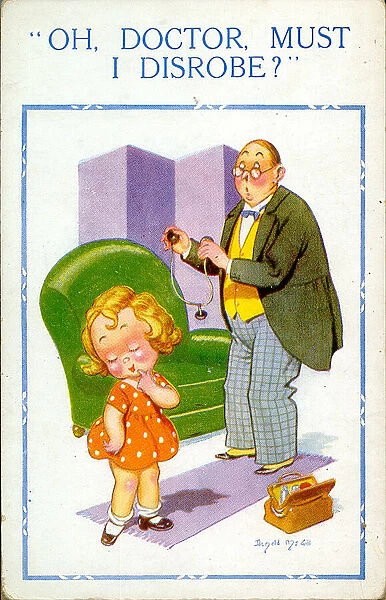 Comic postcard, Little girl at the doctors Date: 20th century