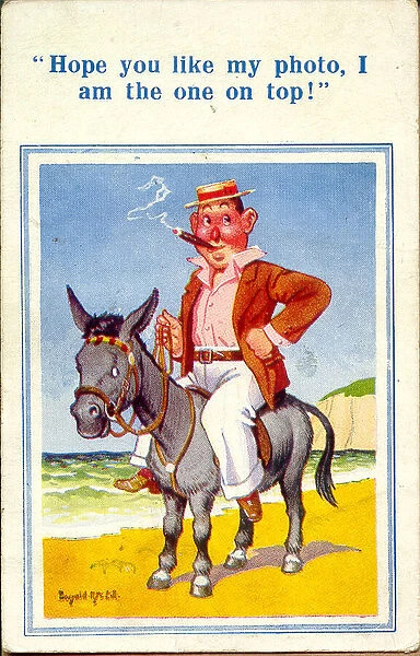Comic postcard, Man with donkey on the beach Date: 20th century