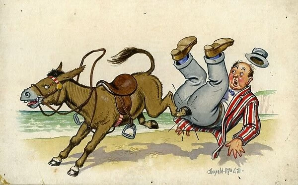 Comic postcard, Man falling off a donkey on the beach Date: 20th century