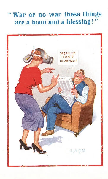 Comic postcard, wife wearing gas mask, WW2 Date: circa 1940s