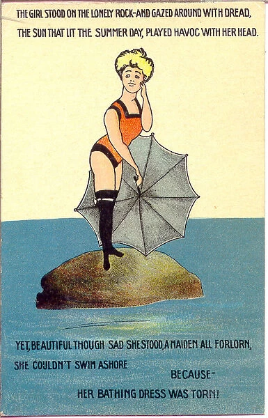 Comic postcard, Woman standing on a rock in the sea Date: early 20th century