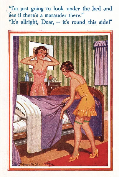 Comic postcard, Two young women in bedroom