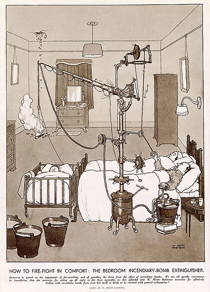 Couples ingenious device so they don't wake up the baby. A makeshift pump that extinguishes incendiary bombs that have landed in your home without leaving the comfort of your bed. Date: 1941