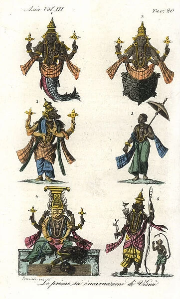 The first six incarnations of the Hindu god Vishnu