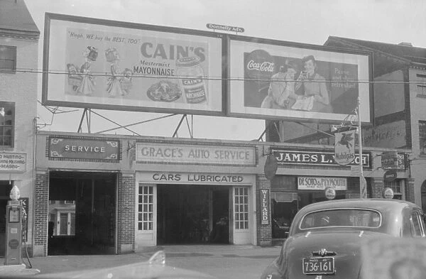 Garage and signs on street, Portsmouth, New Hampshire