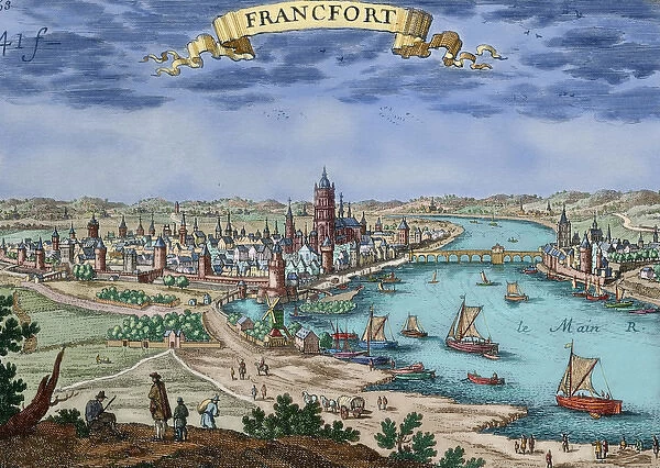 Germany. Frankfurt. Engraving. 17th century. Colored