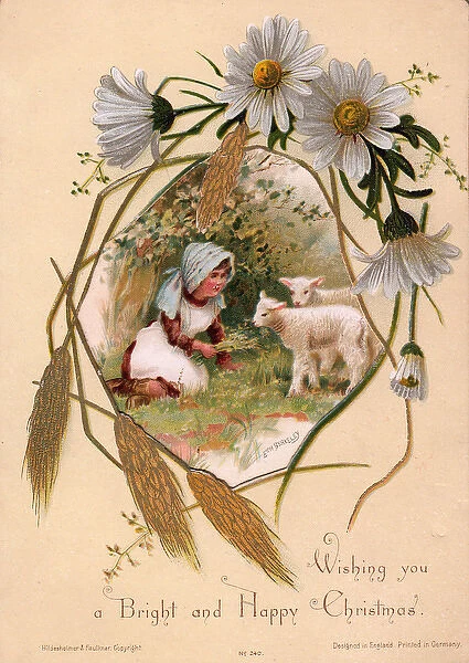 Girl with lambs on a Christmas card