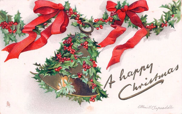 Holly with bell and red ribbons on a Christmas postcard