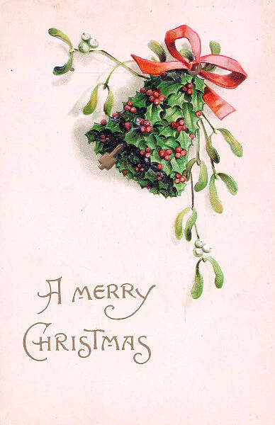 Holly and mistletoe with bell on a Christmas postcard