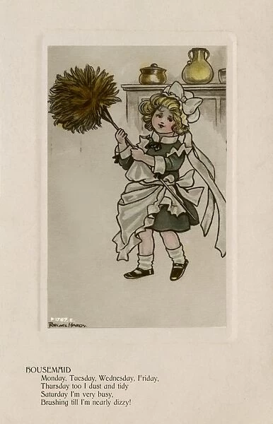 Housemaid. Young girl with a mop dressed in the housemaids clothes