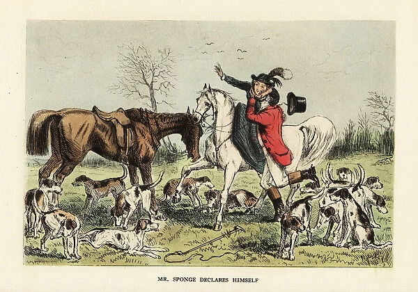Huntsman in hunting pinks embracing a woman on a horse