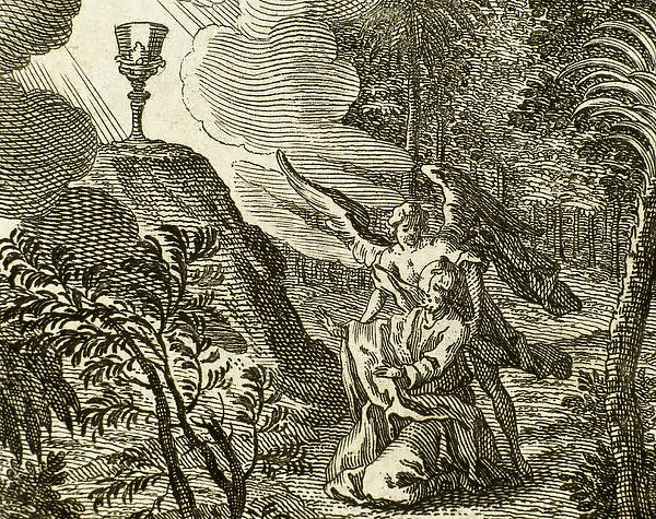 Jesus praying in the Garden of Gethsemane. An angel appears