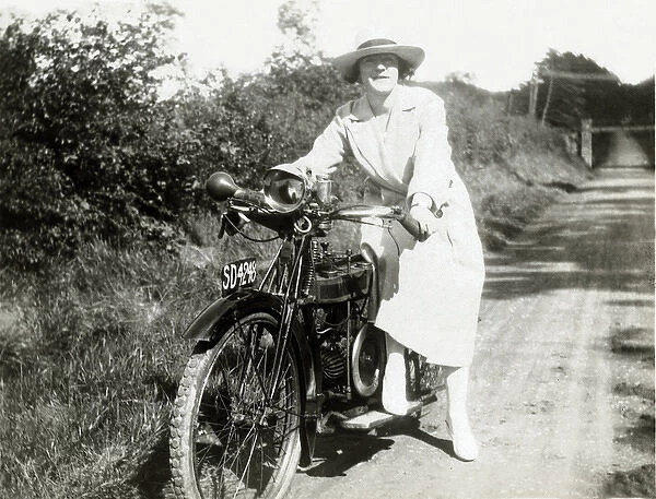 Lady on a 1920 Douglas motorcycle