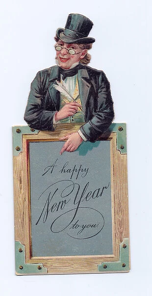 Man with picture frame on a cutout New Year card