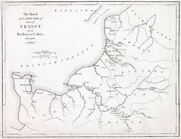 A map showing the movement of King Edward III through France from Barfleur to Calais in