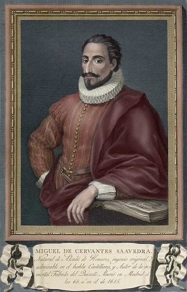 Miguel de Cervantes (1547-1616). Colored engraving
