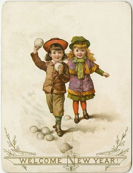 New Year card, Victorian children snowballing