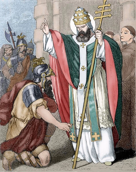 Pope Saint Leo I (390-461). Engraving. Colored