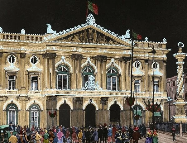 Portugal. Lisbon. Lighting of the town hall. Engraving. Colo