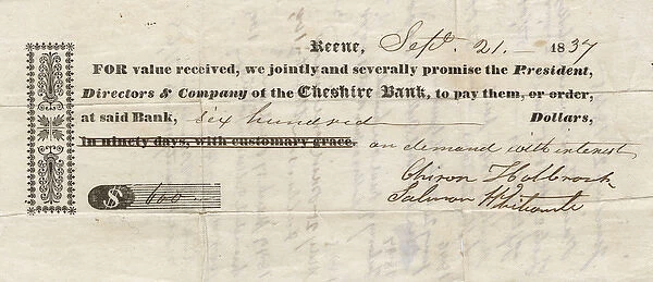 Promissory note, Keene Cheshire Bank, New Hampshire, USA