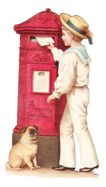 Red pillar box with boy and dog on a Christmas card