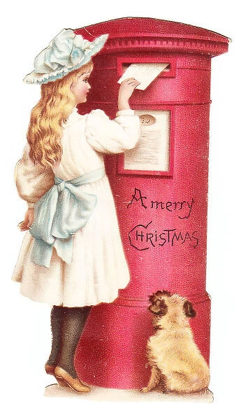 Red pillar box with girl and dog on a Christmas card