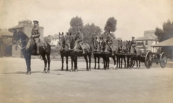 Royal Horse Artillery on parade with gun carriages, WW1