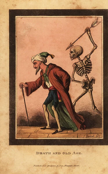 Skeleton of death aiming a dart at an old man on a street