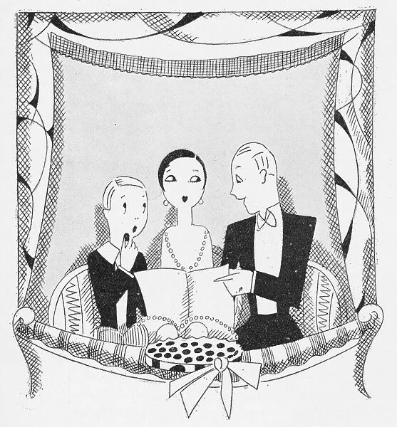 Sketch by Fish of three people in a theatre box