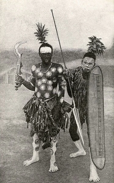 Spearman and battle axeman, Belgian Congo, Central Africa