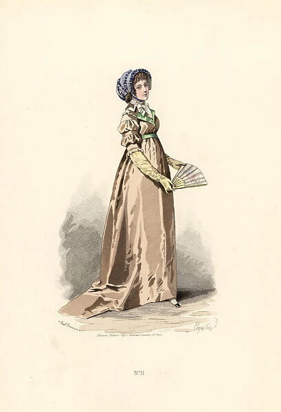 Woman in hazelnut-colour dress, fichu-chemise and blue hat
