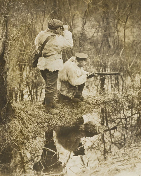 WW1 - British soldiers in a wood wearing sheepskin jackets