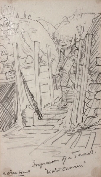 WW1 drawing, soldier carrying water in a trench