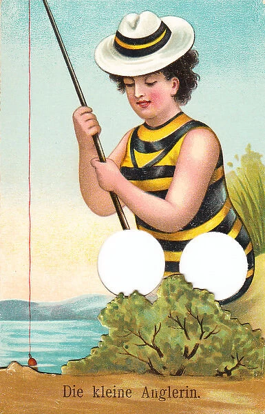 Young woman fishing on a German postcard